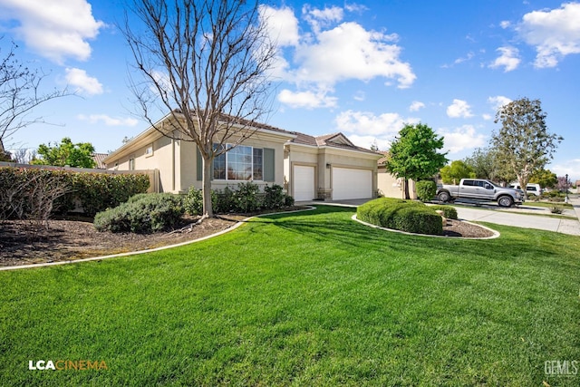 view of front facade with stucco siding, a front lawn, concrete driveway, a garage, and a tiled roof