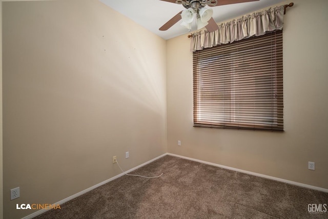 unfurnished room featuring baseboards, a ceiling fan, and carpet flooring