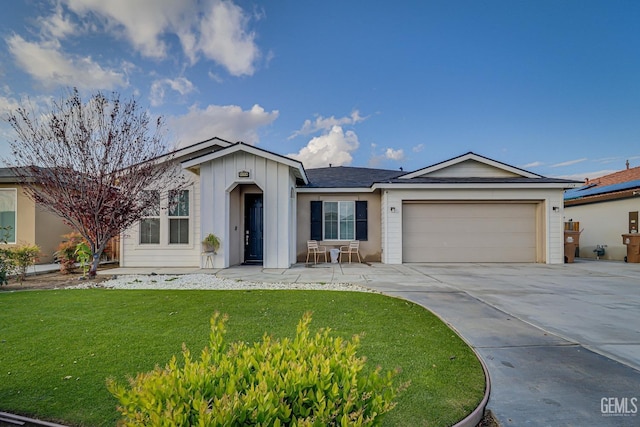 ranch-style home with a front lawn, an attached garage, board and batten siding, and driveway