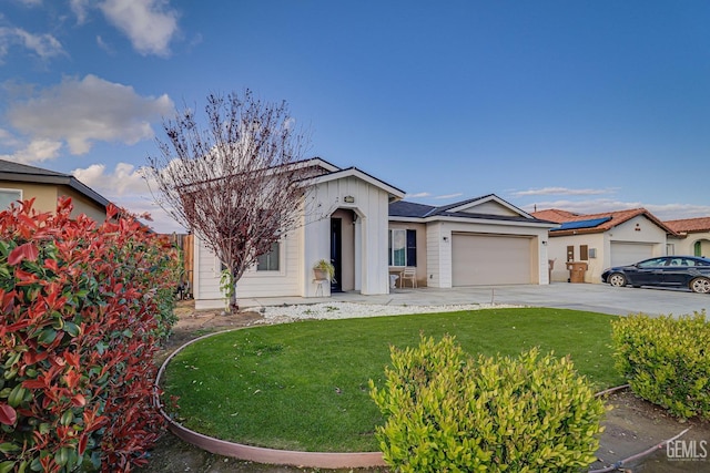 ranch-style house with driveway, a front lawn, and a garage