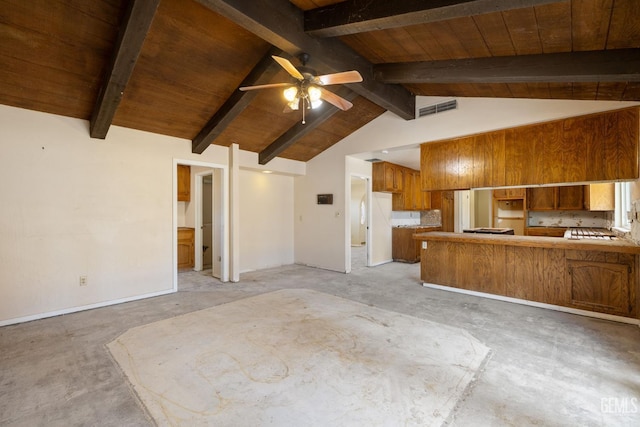 unfurnished living room featuring a ceiling fan and wood ceiling
