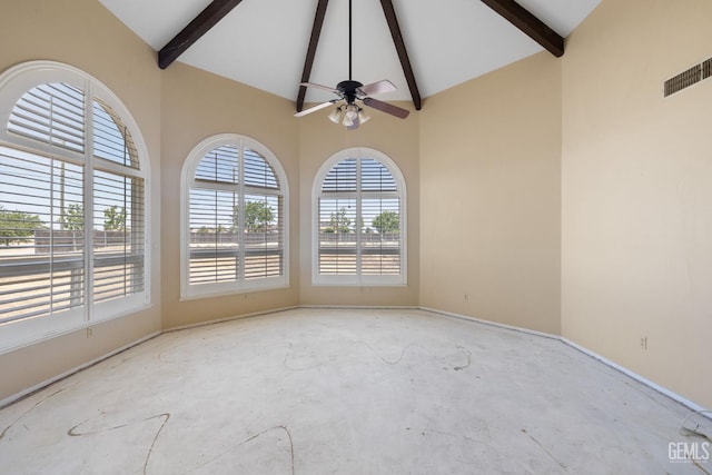 unfurnished room with high vaulted ceiling, beamed ceiling, baseboards, unfinished concrete flooring, and a ceiling fan