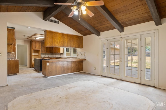kitchen featuring brown cabinets, a peninsula, wooden ceiling, french doors, and a ceiling fan