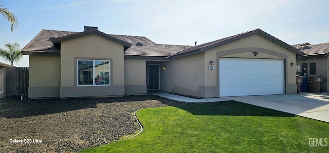 ranch-style home featuring an attached garage, concrete driveway, a tiled roof, stucco siding, and a front yard