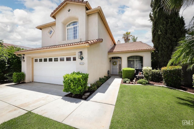 8315 Persimmon Dr, Bakersfield, CA 93311 - mediterranean / spanish house featuring a tiled roof, stucco siding, concrete driveway, and a front lawn