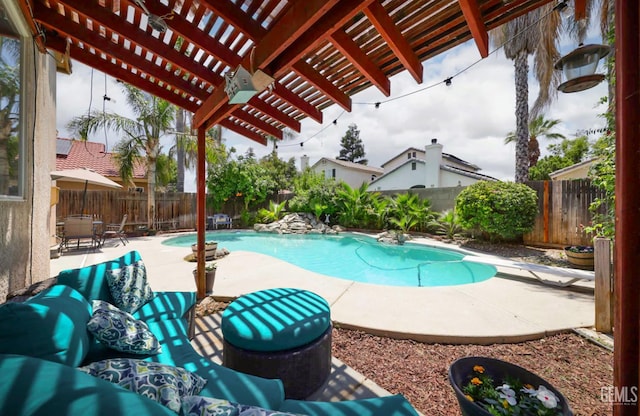 8315 Persimmon Dr, Bakersfield, CA 93311 - view of pool featuring a pergola, a patio, a fenced backyard, and an outdoor living space