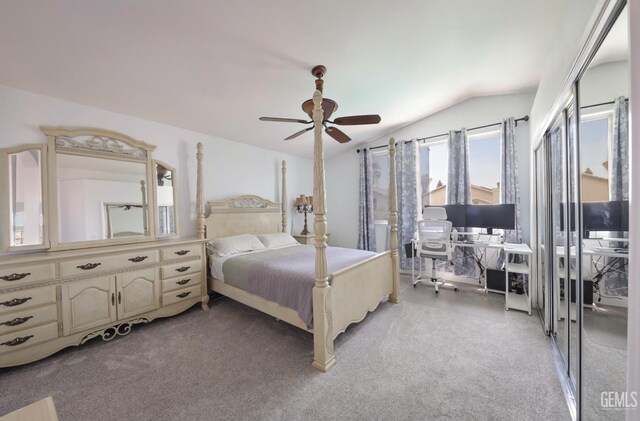 8315 Persimmon Dr, Bakersfield, CA 93311 - bedroom featuring lofted ceiling, a desk, light carpet, and ceiling fan