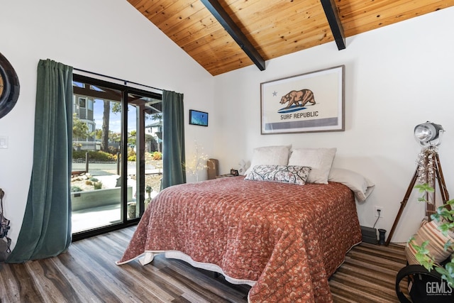 bedroom with high vaulted ceiling, beamed ceiling, dark hardwood / wood-style flooring, access to outside, and wooden ceiling