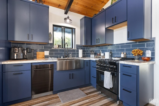 kitchen with tasteful backsplash, blue cabinets, black gas stove, and sink