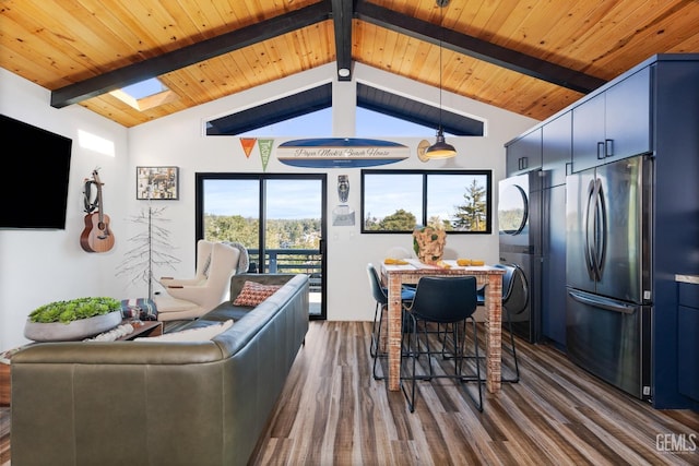 living room with wood ceiling, dark wood-type flooring, and vaulted ceiling with skylight