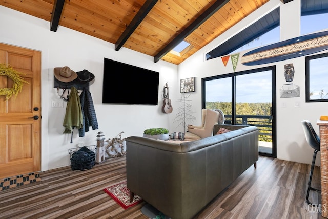 living room with dark hardwood / wood-style flooring, wood ceiling, and vaulted ceiling with skylight