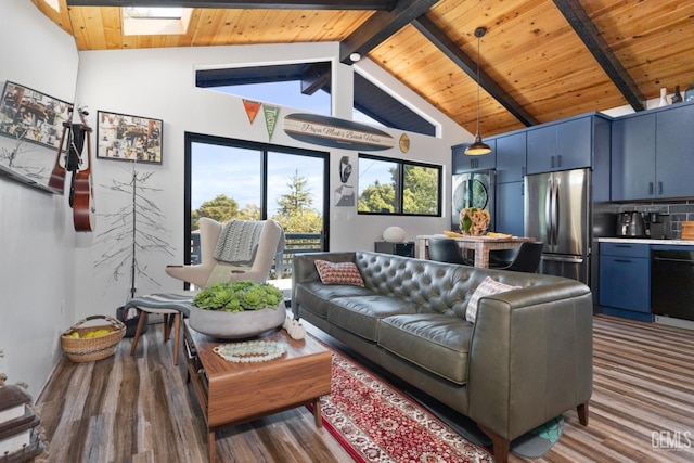 living room with wood ceiling and vaulted ceiling with skylight