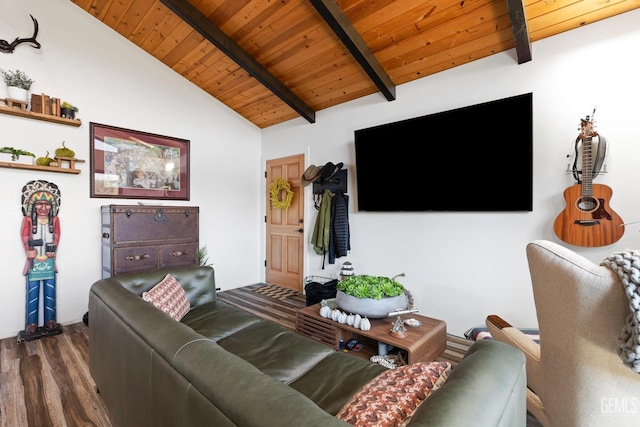 living room with hardwood / wood-style flooring, vaulted ceiling with beams, and wood ceiling