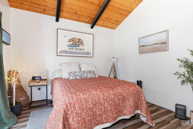 bedroom featuring vaulted ceiling with beams, hardwood / wood-style floors, and wooden ceiling