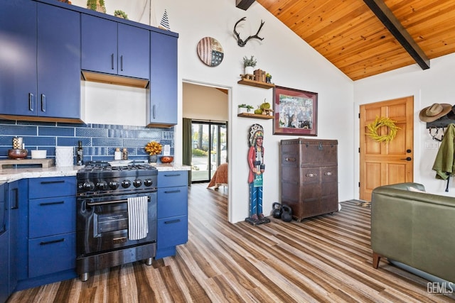 kitchen with tasteful backsplash, light stone countertops, blue cabinetry, and range with gas stovetop