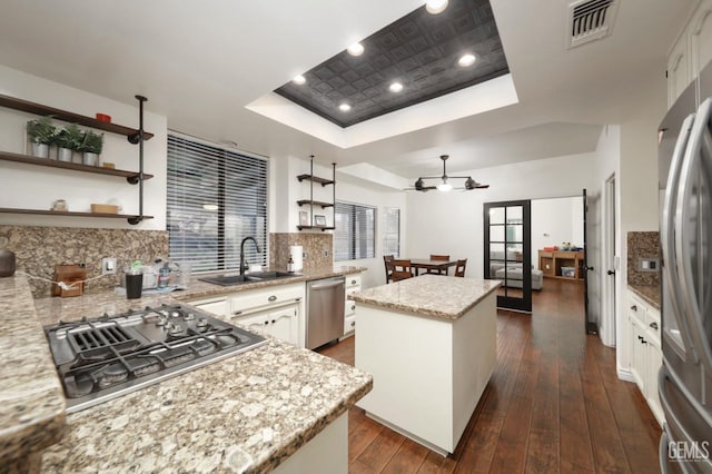 kitchen with a center island, a tray ceiling, open shelves, appliances with stainless steel finishes, and a sink