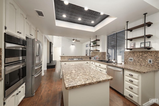 kitchen featuring stainless steel appliances, a raised ceiling, a kitchen island, a sink, and light stone countertops