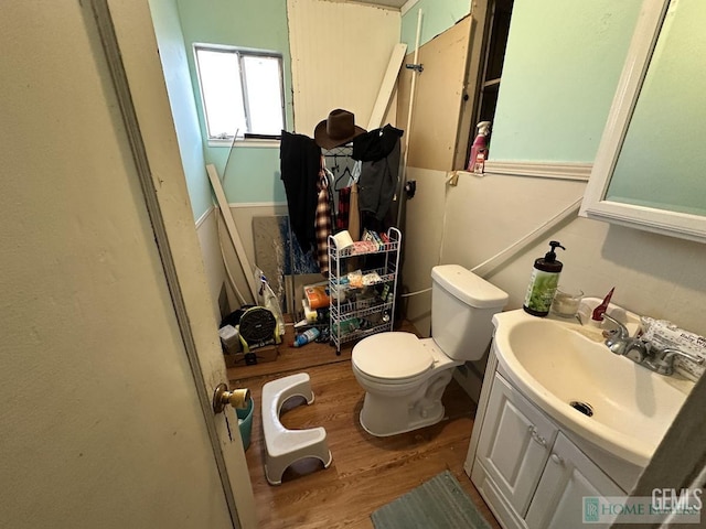 bathroom with vanity, wood finished floors, and toilet
