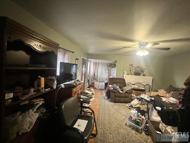 interior space with ceiling fan, wood finished floors, and a wealth of natural light