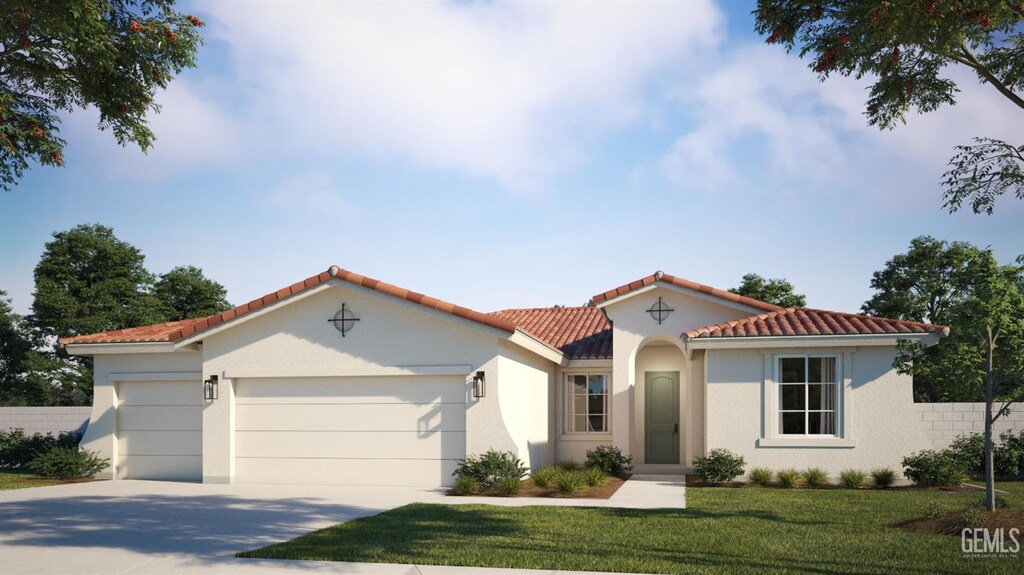 12812 Kinnick Ct, Bakersfield, CA 93311 - mediterranean / spanish-style home with a garage, driveway, stucco siding, and a tiled roof
