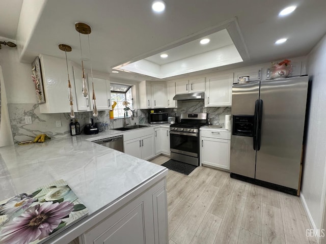 kitchen featuring appliances with stainless steel finishes, a tray ceiling, a sink, and backsplash