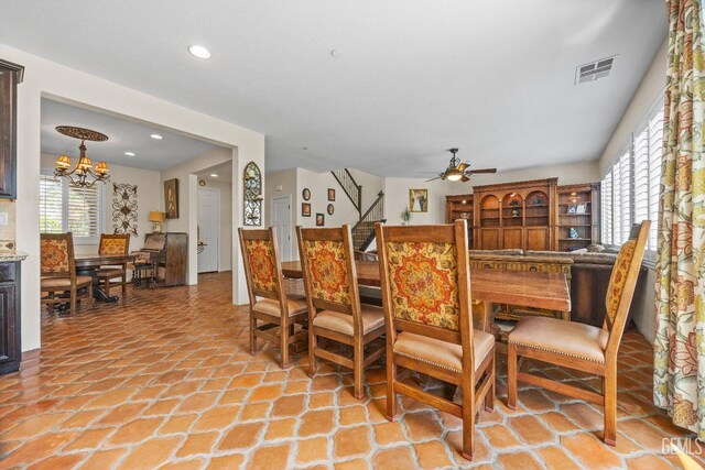 16009 La Strada Ct, Bakersfield, CA 93314 - dining room with a chandelier, ceiling fan, recessed lighting, and stairway