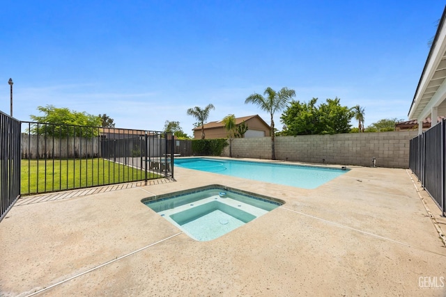 view of pool featuring a patio, a fenced in pool, a fenced backyard, a lawn, and an in ground hot tub