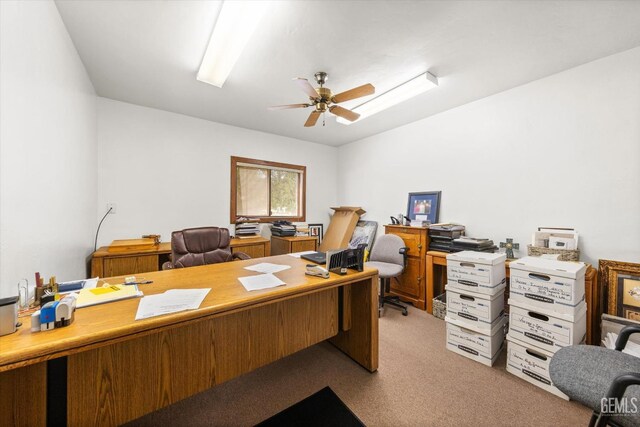 carpeted office with ceiling fan