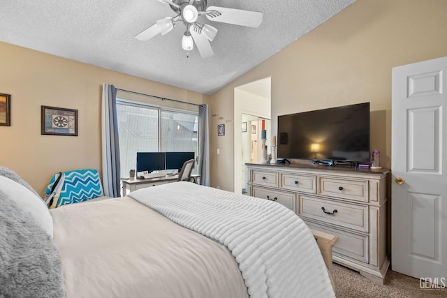 bedroom featuring lofted ceiling, access to exterior, ceiling fan, a textured ceiling, and carpet