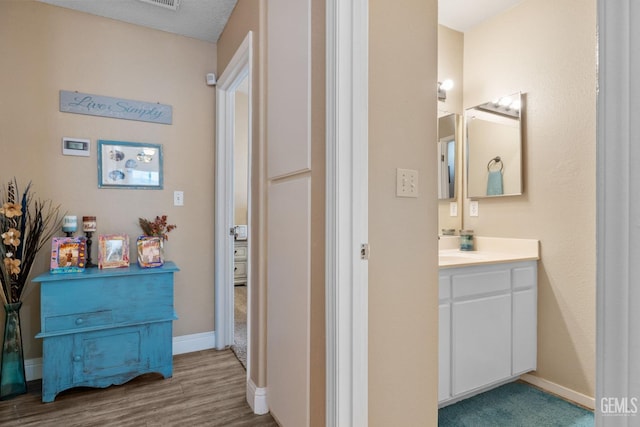 bathroom featuring vanity, baseboards, and wood finished floors