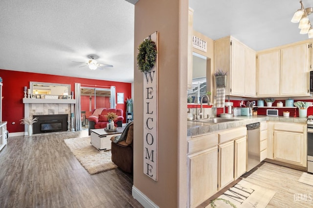 kitchen featuring a ceiling fan, appliances with stainless steel finishes, a sink, light wood finished floors, and light brown cabinets