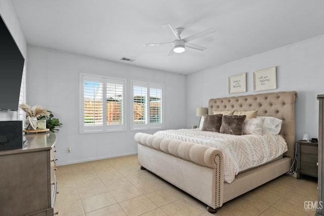 bedroom with light tile patterned flooring, baseboards, visible vents, and ceiling fan