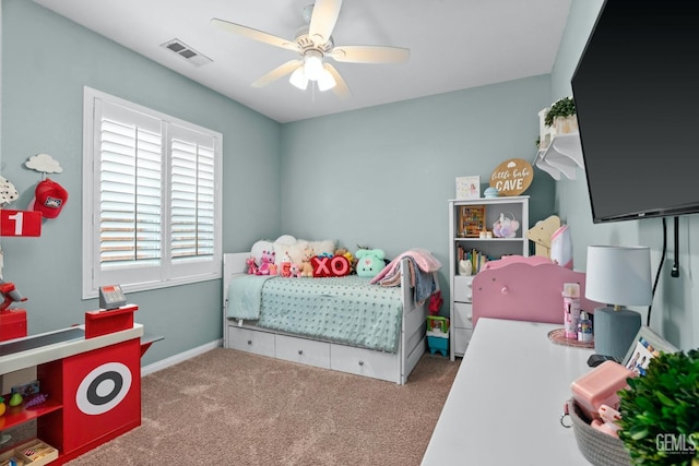 bedroom featuring visible vents, carpet floors, baseboards, and ceiling fan