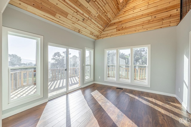 unfurnished sunroom featuring lofted ceiling and wood ceiling