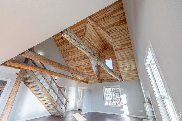 unfurnished living room with dark hardwood / wood-style floors, beam ceiling, wooden ceiling, and high vaulted ceiling