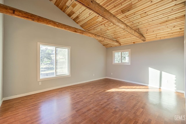 spare room featuring hardwood / wood-style flooring, plenty of natural light, lofted ceiling with beams, and wooden ceiling