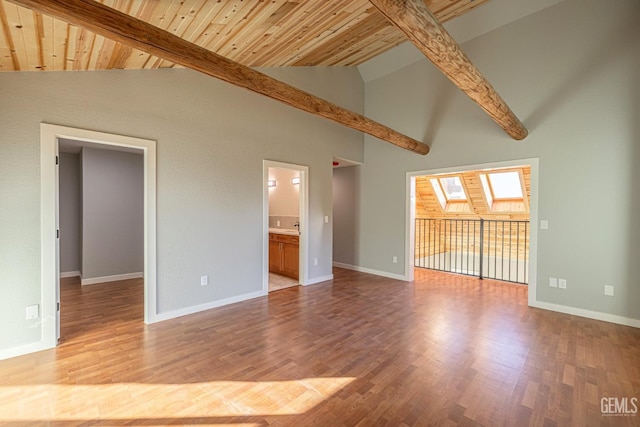 unfurnished living room with beam ceiling, wood ceiling, and light hardwood / wood-style flooring