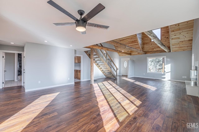 unfurnished living room with lofted ceiling with beams, ceiling fan, dark hardwood / wood-style flooring, and wood ceiling