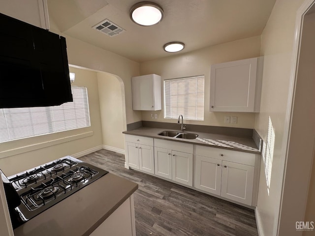 kitchen featuring visible vents, a sink, and white cabinetry