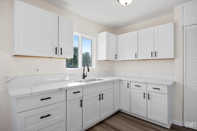 kitchen featuring sink, dark hardwood / wood-style flooring, white cabinetry, and light stone countertops