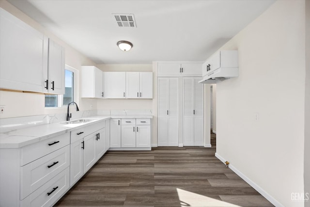 kitchen featuring light stone counters, dark wood-type flooring, white cabinetry, and sink