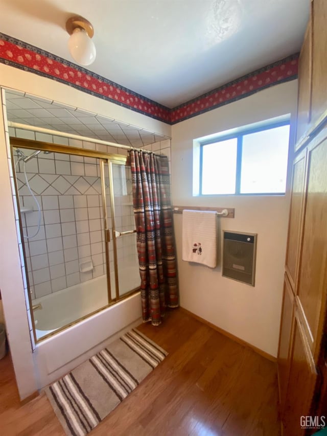 45842 Park Dr, Posey, CA 93260 - bathroom with wood finished floors, baseboards, and combined bath / shower with glass door