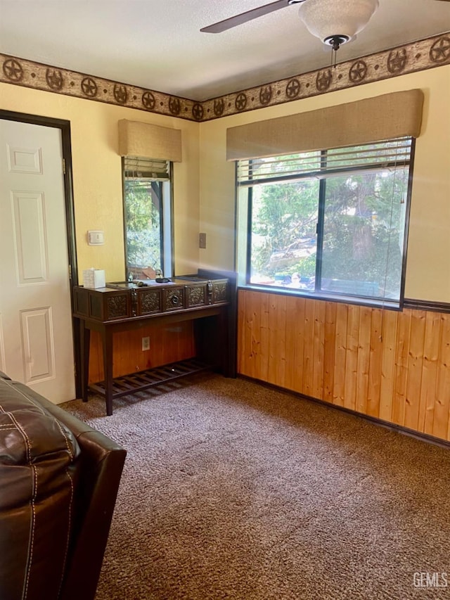 45842 Park Dr, Posey, CA 93260 - interior space featuring carpet flooring, ceiling fan, and a wainscoted wall