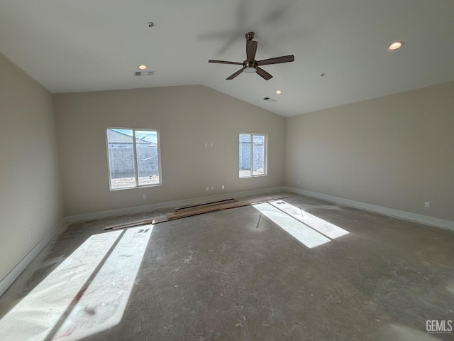 unfurnished room with recessed lighting, a ceiling fan, visible vents, vaulted ceiling, and baseboards