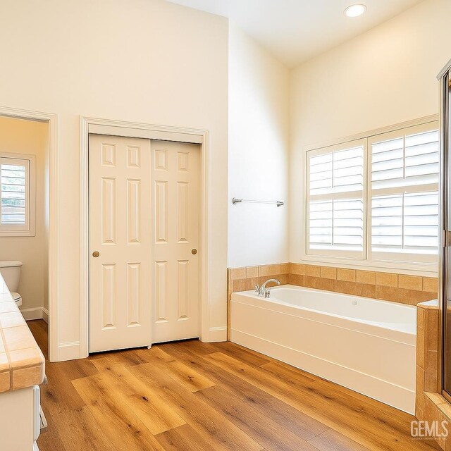 4812 Prairie Meadows Way, Bakersfield, CA 93312 - bathroom featuring a garden tub, wood finished floors, and recessed lighting
