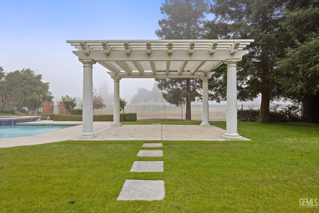 view of community with a lawn, a pergola, a patio, and a swimming pool