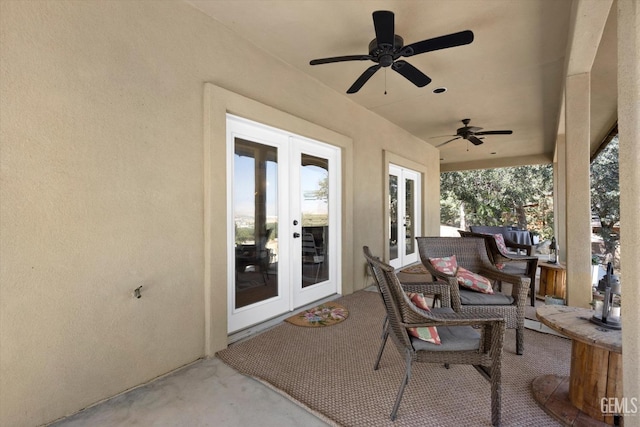 view of patio with ceiling fan and french doors