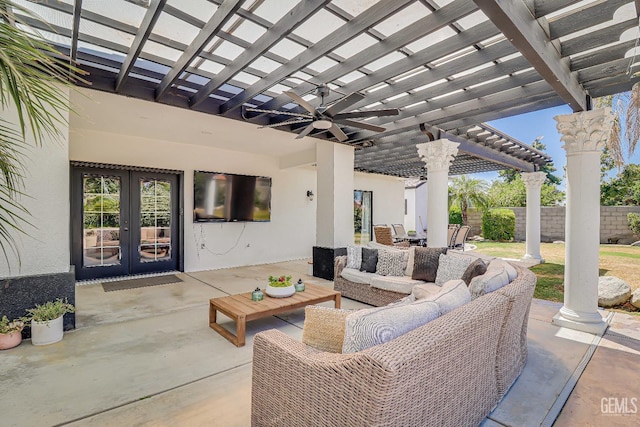 6800 Eagle Cap St, Bakersfield, CA 93313 - view of patio / terrace featuring a pergola, ceiling fan, french doors, and an outdoor hangout area