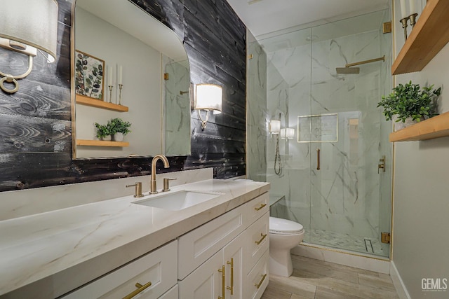 6800 Eagle Cap St, Bakersfield, CA 93313 - full bathroom featuring a marble finish shower, vanity, and wood finished floors