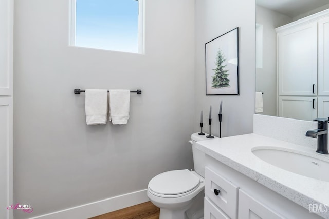 bathroom featuring vanity, wood-type flooring, and toilet